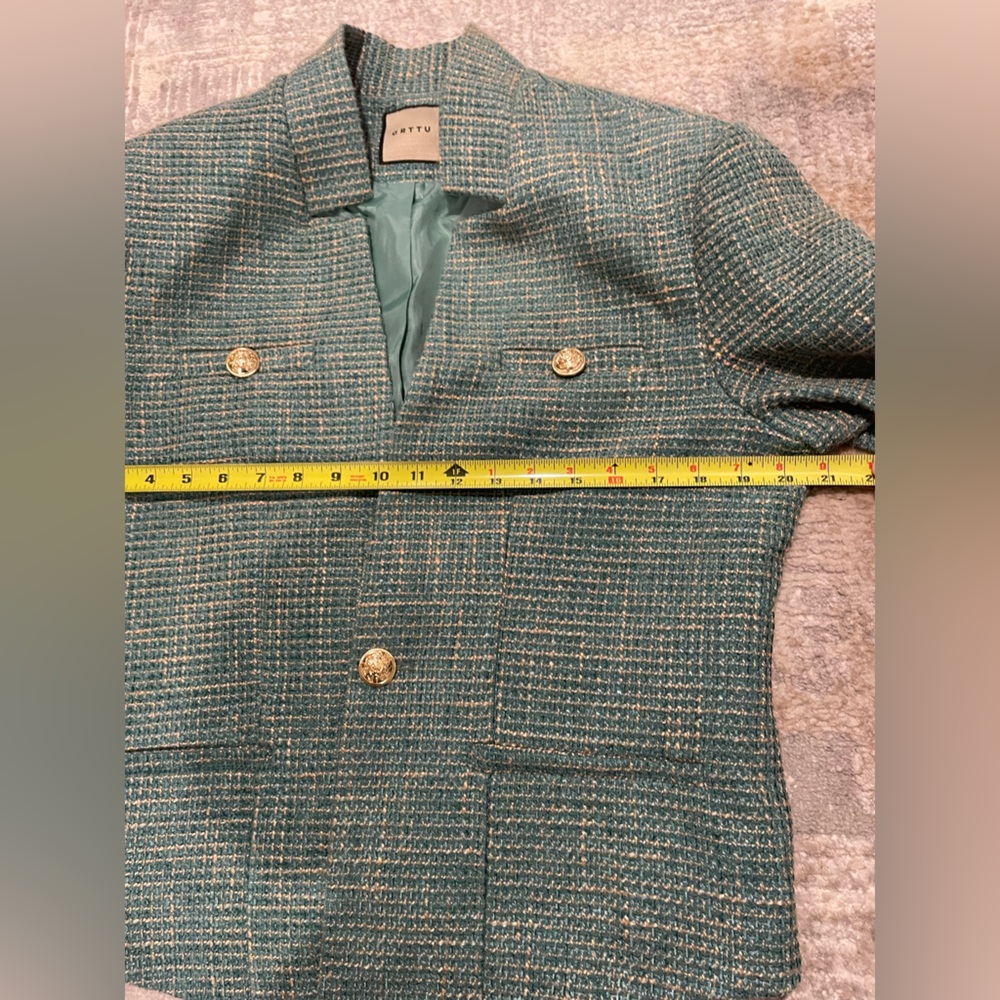 ORTTU Star Neck Jacket Green Tweed Gold Accents Size Medium Military Glamor $290 - Picture 9 of 13